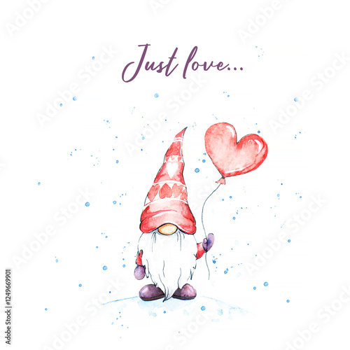 Watercolor Valentine's Day Card with a Gnome and a Heart-Shaped Balloon