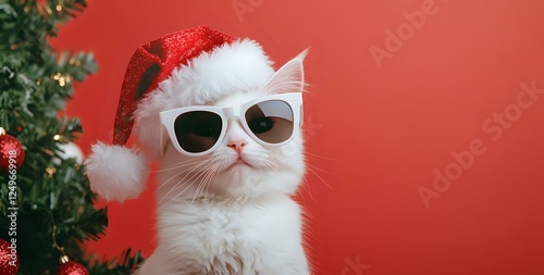White cat wearing sunglasses and Santa hat near Christmas tree against red background, festive holiday pet portrait with humorous modern style.