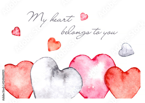 Valentine with colorful watercolor hearts and greeting text
