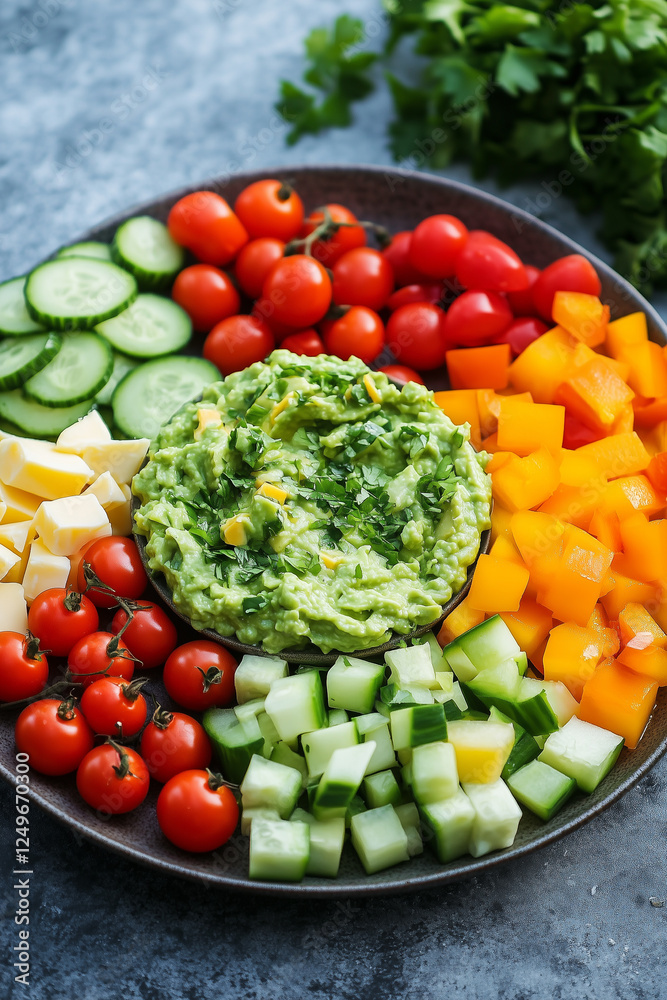 Colorful vegetable platter with fresh cucumbers, cherry tomatoes, cheese cubes, and guacamole dip