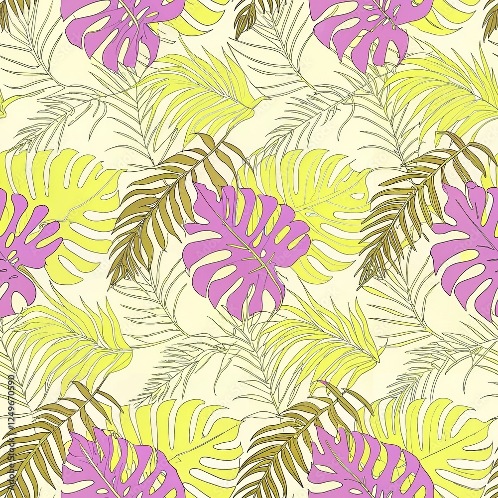 Fototapeta premium Seamless pattern, pattern, watercolor, stylish floral pattern, bright and modern pattern with tropical leaves, tropical motifs in design, botanical style