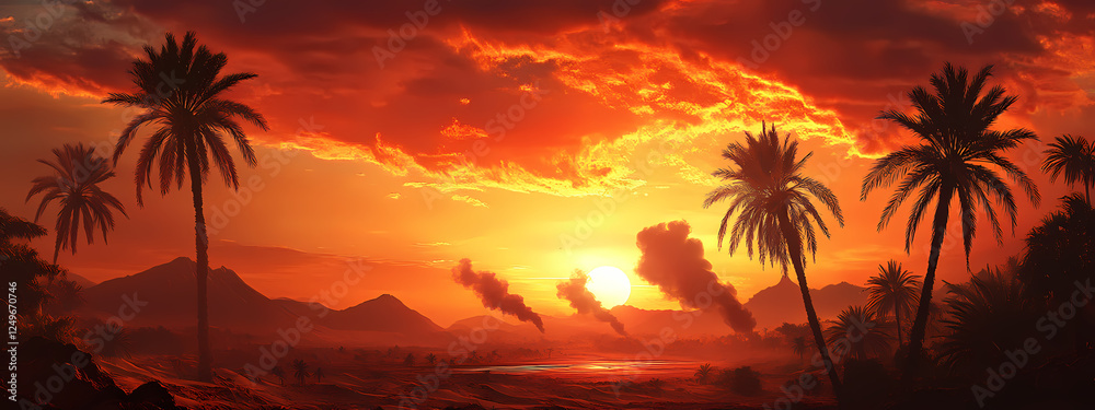 Obraz premium Desert Sunset with Palm Shadows and Rising Smoke