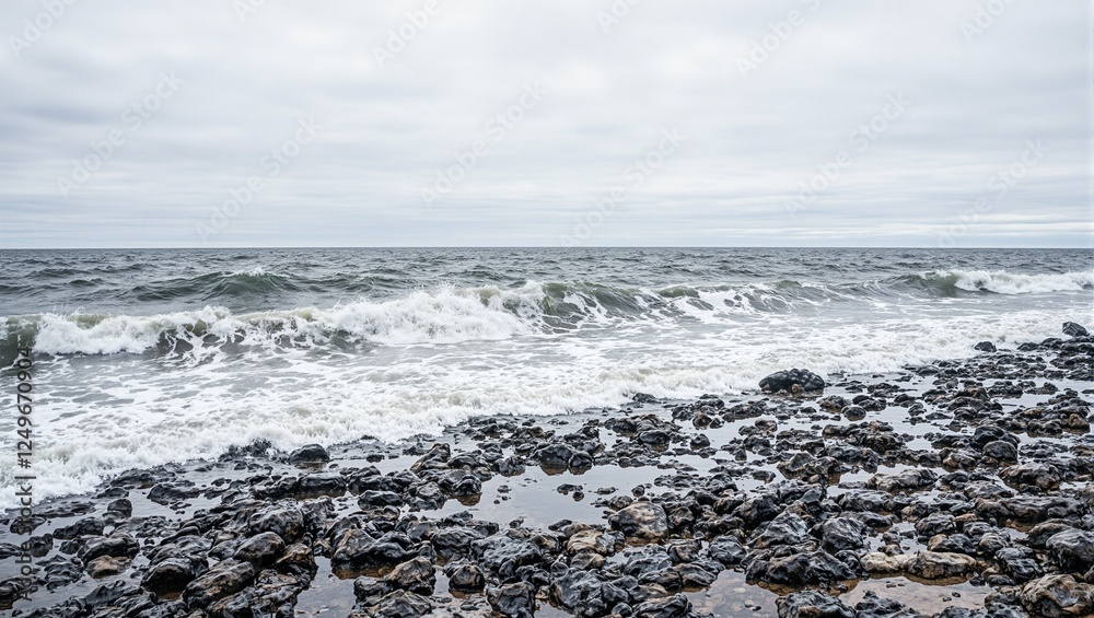 Eerie seascape with dark oil marred waves hitting rugged coast contrasting starkly against ominous sky Eerie seascape with dark oil marred waves hitting rugged coast contrasting starkly against ominous sky