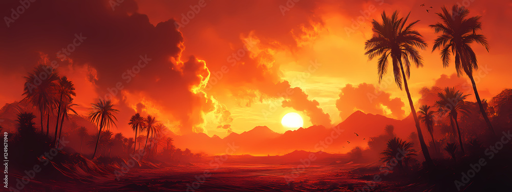 Obraz premium Desert Sunset with Palm Shadows and Rising Smoke