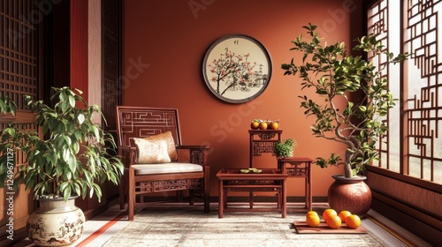 3D render of asian interior design. An antique chinese wooden chair and side table with lucky orange plants in a pot as a tradition new year decoration in a zen style living room. Red maroon wall.