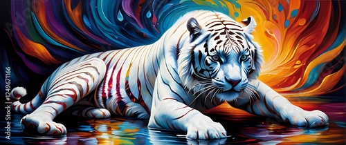 An abstract oil painting showcasing a striking white tiger entwined in bold colors and patterns that evoke the essence of strength and beauty