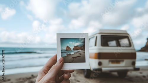 Hand Holding Polaroid Photo of Coastal Scene with Van in Backgro