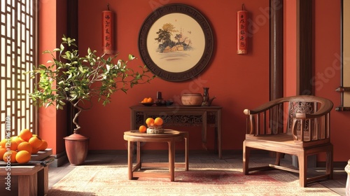 3D render of asian interior design. An antique chinese wooden chair and side table with lucky orange plants in a pot as a tradition new year decoration in a zen style living room. Red maroon wall. photo