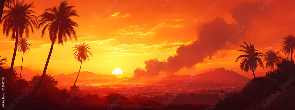 Obraz premium Desert Sunset with Palm Shadows and Rising Smoke