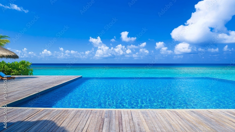 Fototapeta premium Serene Blue Swimming Pool with Teak Wood Flooring - A tranquil view of an infinity pool with bright blue water, surrounded by lush greenery and a vast ocean under a sunny sky, symbolizing relaxation