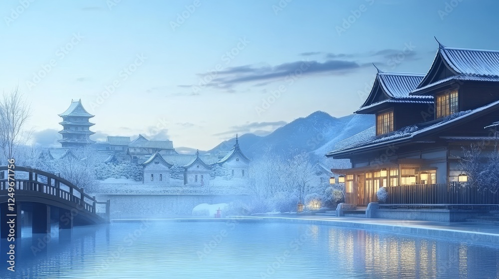 Fototapeta premium Serene Winter Scene of Ancient Ginzan Onsen Village - Capture the tranquility of winter in Ancient Ginzan Onsen village with traditional architecture, snow-covered landscapes