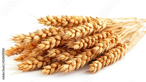 A bunch of golden wheat stalks on a white background.