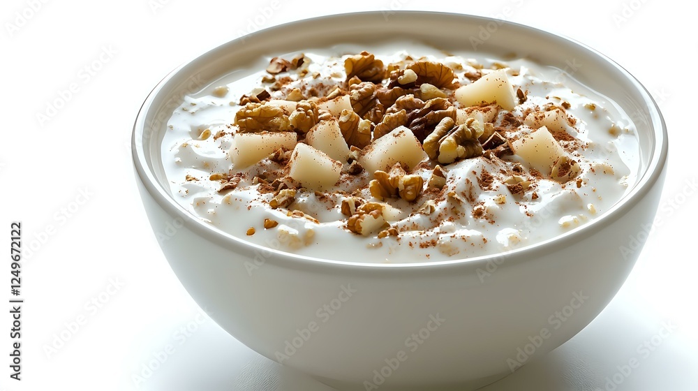 Creamy yogurt bowl topped with diced pears, crunchy granola, and nuts in white ceramic bowl against bright background, healthy breakfast concept. Creamy yogurt bowl topped with diced pears, crunchy granola, and nuts in white ceramic bowl against bright background, healthy breakfast concept.