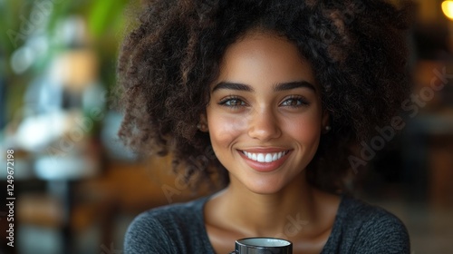 A young woman with a warm smile, holding a cup of coffee.