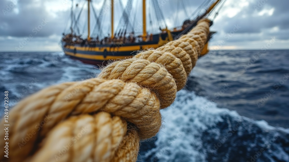 Obraz premium A thick rope in the foreground with a large ship sailing in the distance.