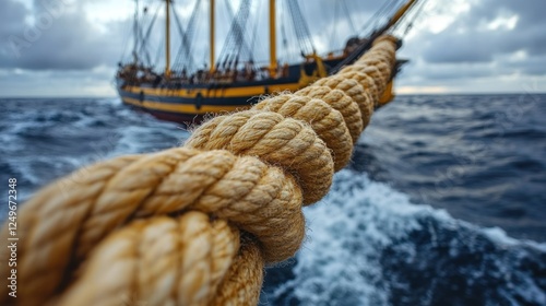 A thick rope in the foreground with a large ship sailing in the distance.