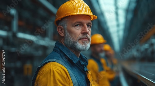 A mature, serious industrial worker in a yellow hard hat looks at the camera while standing in a factory with a colleague behind him.
