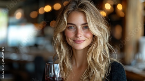 Young woman with long blonde hair and blue eyes smiles at the camera while holding a glass of red wine in a restaurant.