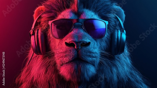 A bold graphic of a lion wearing oversized headphones with a striking color palette, merging animal imagery with modern urban culture in an artistic and eye-catching design. photo