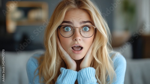 A young woman with blonde hair and blue eyes looks shocked, her mouth open and her hands on her cheeks.