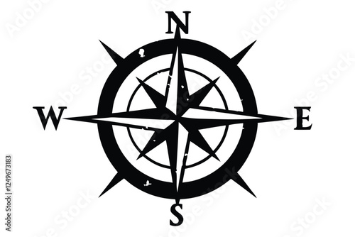 Wind rose grunge icon with faded compass letters (N, S, E, W) on a white background
