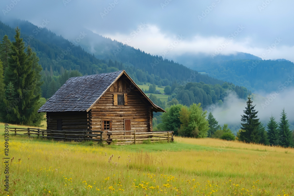 A small wooden house in the middle of a grassy field A small wooden house in the middle of a grassy field