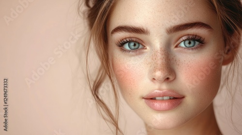 Close-up portrait of a young woman with freckles and rosy cheeks, looking directly at the camera with a neutral expression.
