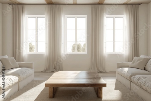 Minimalist living room with three large windows, beige sofas, and wooden coffee table.
