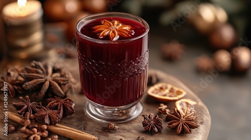 A glass of red mulled wine with star anise and orange slices on a wooden board.