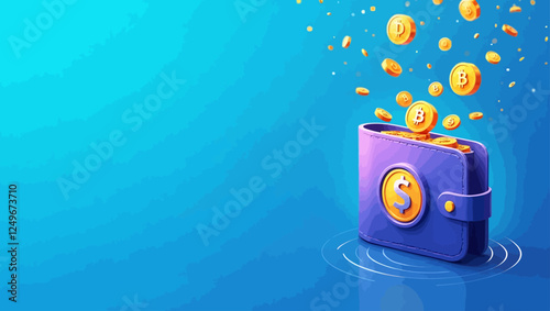 Crypto wallet concept banner, cryptocurrency storage app. Crypto coins falling into wallet. Bitcoin exchange, blockchain technology, cryptocurrency mining, internet money. Flat vector illustration.