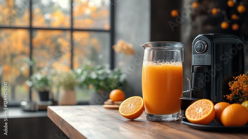 Freshly squeezed orange juice in a glass pitcher with whole oranges and a juicer on the countertop.