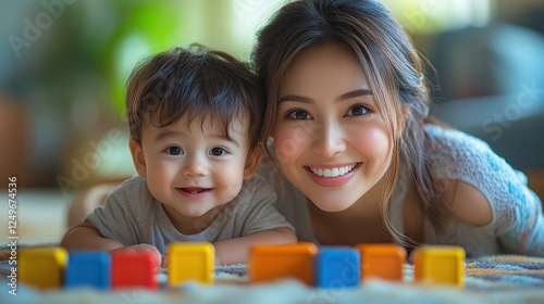 A young mother and her baby son are playing with colorful blocks on the floor. The mother is smiling and looking at the camera, while her son is looking at the blocks.