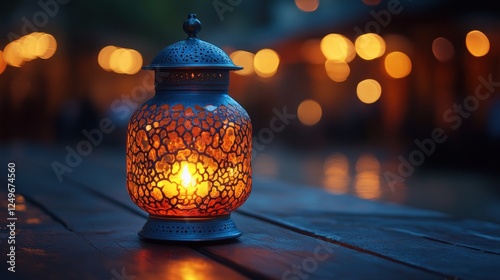 A decorative lantern with a lit candle sits on a wooden table at dusk, with a warm glow illuminating the intricate design.