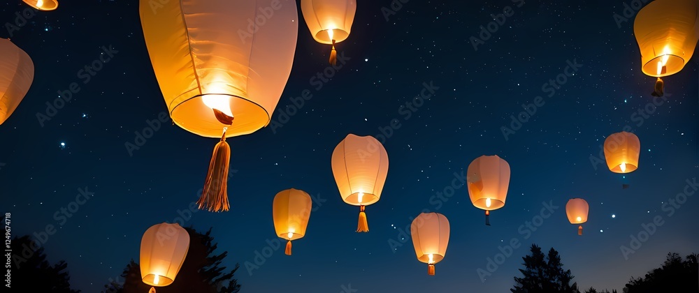 Fototapeta premium A whimsical image of floating lanterns released into the night sky carrying hopes and wishes for new beginnings on gentle breezes