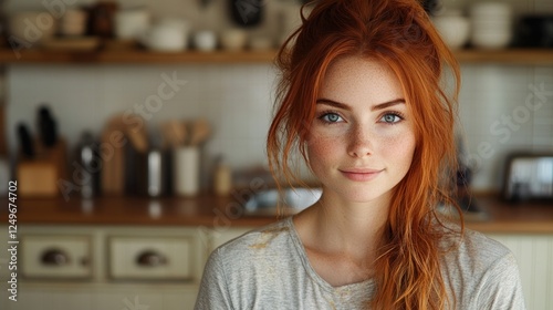 A young woman with red hair and blue eyes smiles at the camera in a kitchen.
