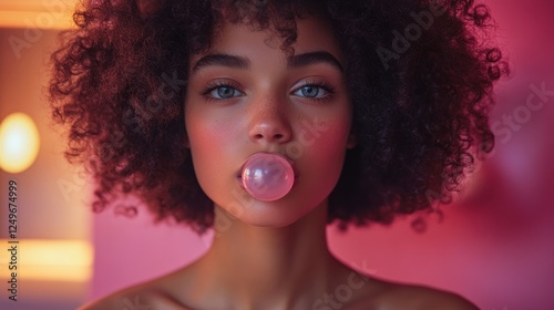 A young woman with curly hair blowing a bubble of pink bubblegum. Her eyes are intense and she is looking directly at the camera.