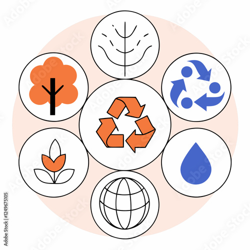 Flat eco infographic with circular segments showing tree, recycle, energy, and water symbols. Concepts: eco awareness, sustainability, environment, planet care, green info chart.