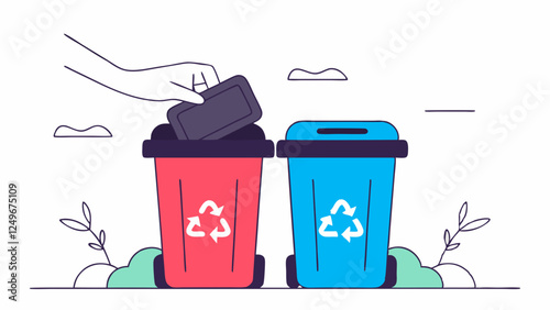 Hand drops electronic device into recycling bin, eco-friendly disposal scene with two bins against minimal nature backdrop. Concept of: electronics recycling, e-waste management, environmental service