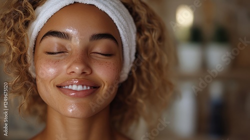 A young woman with curly hair and a white headband on her forehead smiles with her eyes closed. She has clear skin and is wearing a white towel.