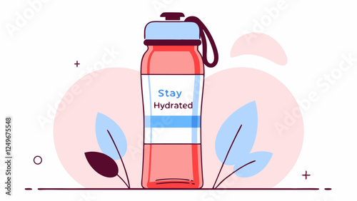 Coral water bottle with "Stay Hydrated" message on light pink background with decorative leaves. Clean modern wellness design. Concept of: fitness, health coaching, wellness products.