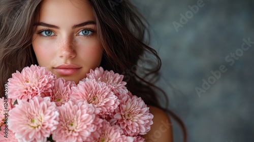 Portrait of a young woman with long brown hair and blue eyes holding a bouquet of pink flowers.