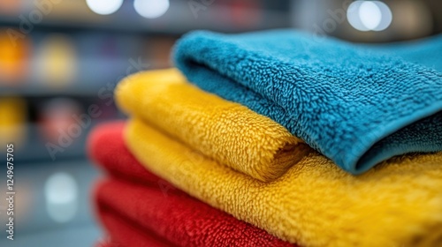 Stack of colorful towels in a store with a blurred background.