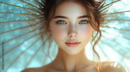 A beautiful young woman with blue eyes looks directly at the camera with a white parasol behind her head.