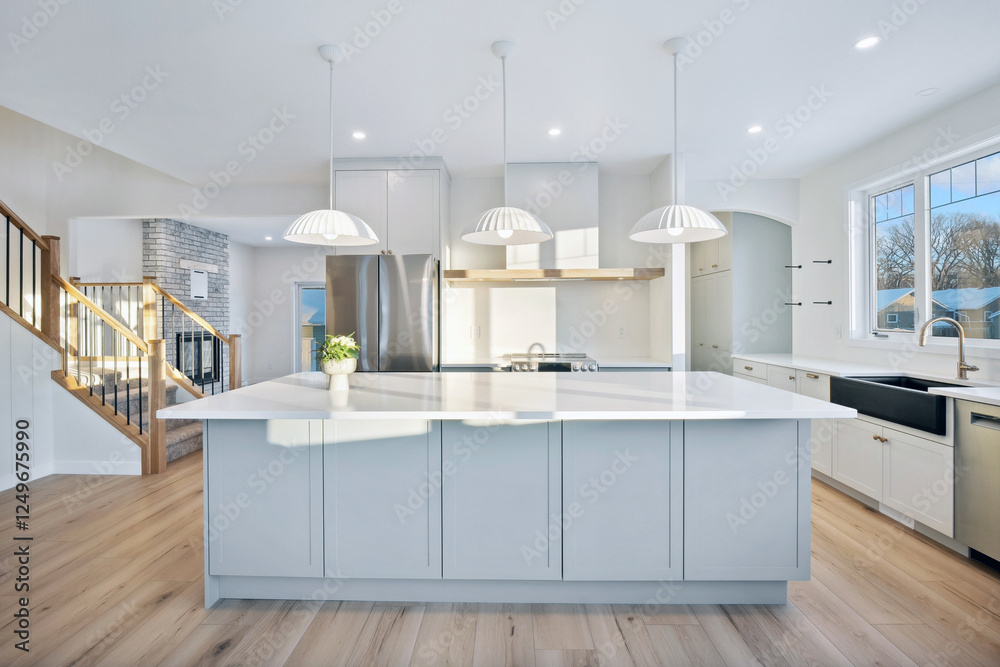 Large white kitchen with a white island and a sink