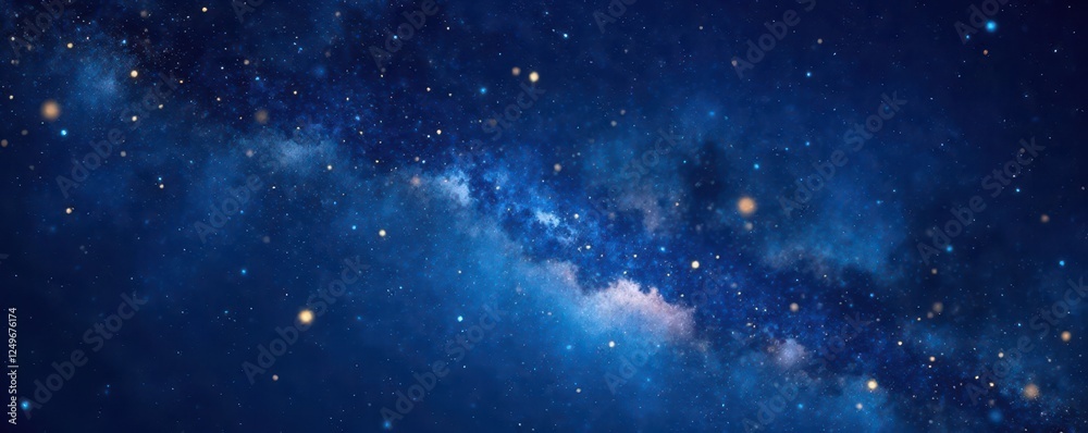 Naklejka premium Starry Night Sky with Navy Blue and Gold Accents, Cosmic Glitter Effect, dark edges, universe, gold stars