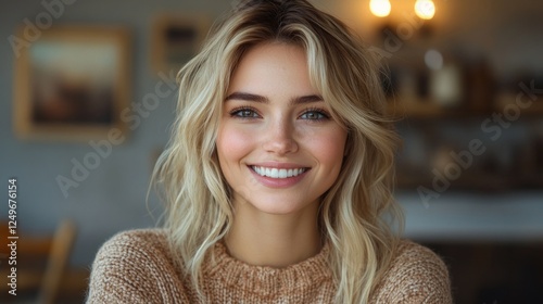 A beautiful young woman with blonde hair smiles brightly at the camera.