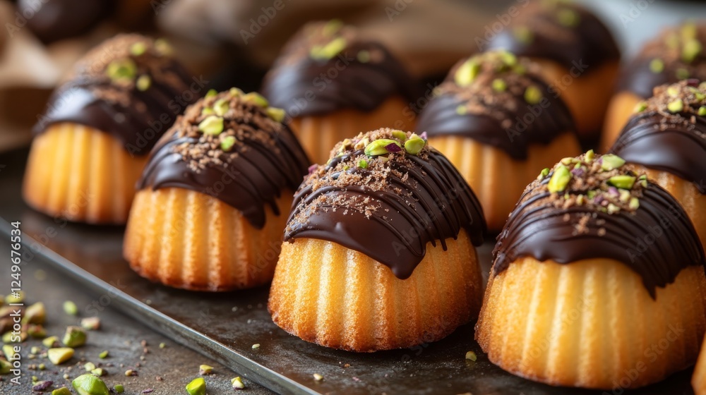 Exquisite mini cakes adorned with rich chocolate and garnished with pistachios, showcasing elegance and taste in bite-sized desserts ideal for special occasions. Exquisite mini cakes adorned with rich chocolate and garnished with pistachios, showcasing elegance and taste in bite-sized desserts ideal for special occasions.