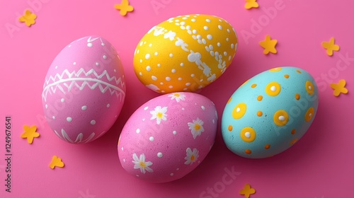 Four colorful Easter eggs with flower and polka dot patterns on a pink background with yellow confetti.
