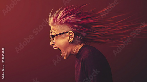 Person with spiked pink hair expresses intense emotion against a vibrant backdrop photo