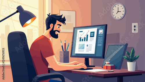 Guy animator designer in creative process vector illustration. Man motion designer sitting at workplace and working on computer. Freelancer graphic creator learn at online animation editor course.